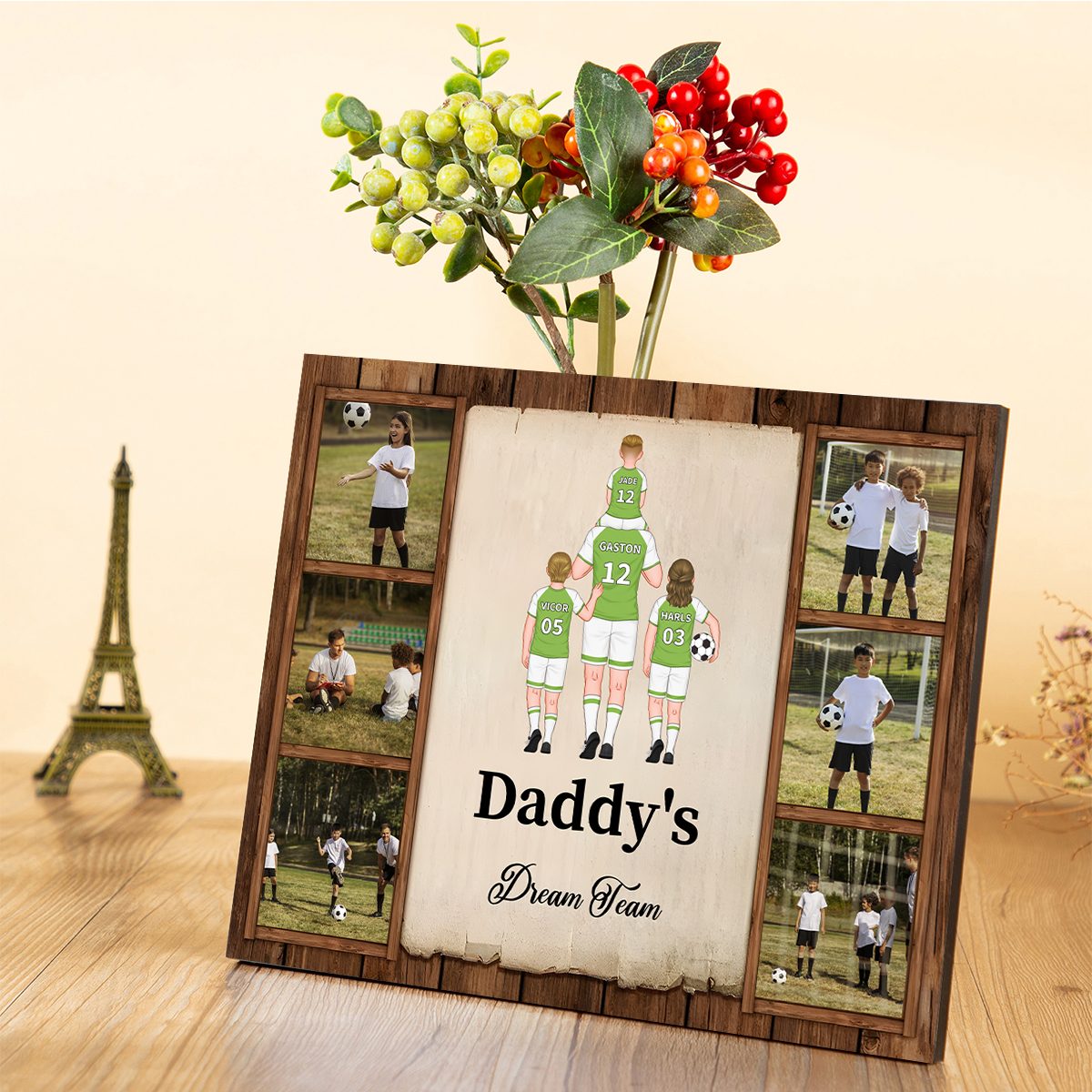To My Dad - Wood Frame Dad's Football Team 2-9 Personalized Names with Text and 6 Photos