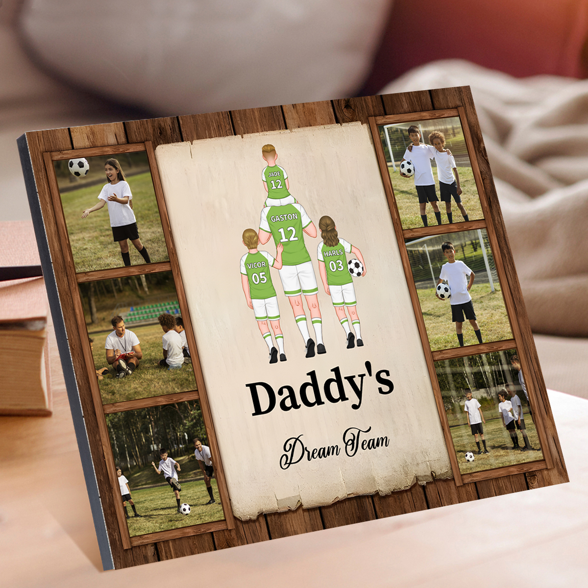 To My Dad - Wood Frame Dad's Football Team 2-9 Personalized Names with Text and 6 Photos