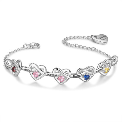 5 Names-Personalized Linked Heart Bracelet With 5 Birthstones Engraved Names And Text Bangle For Her