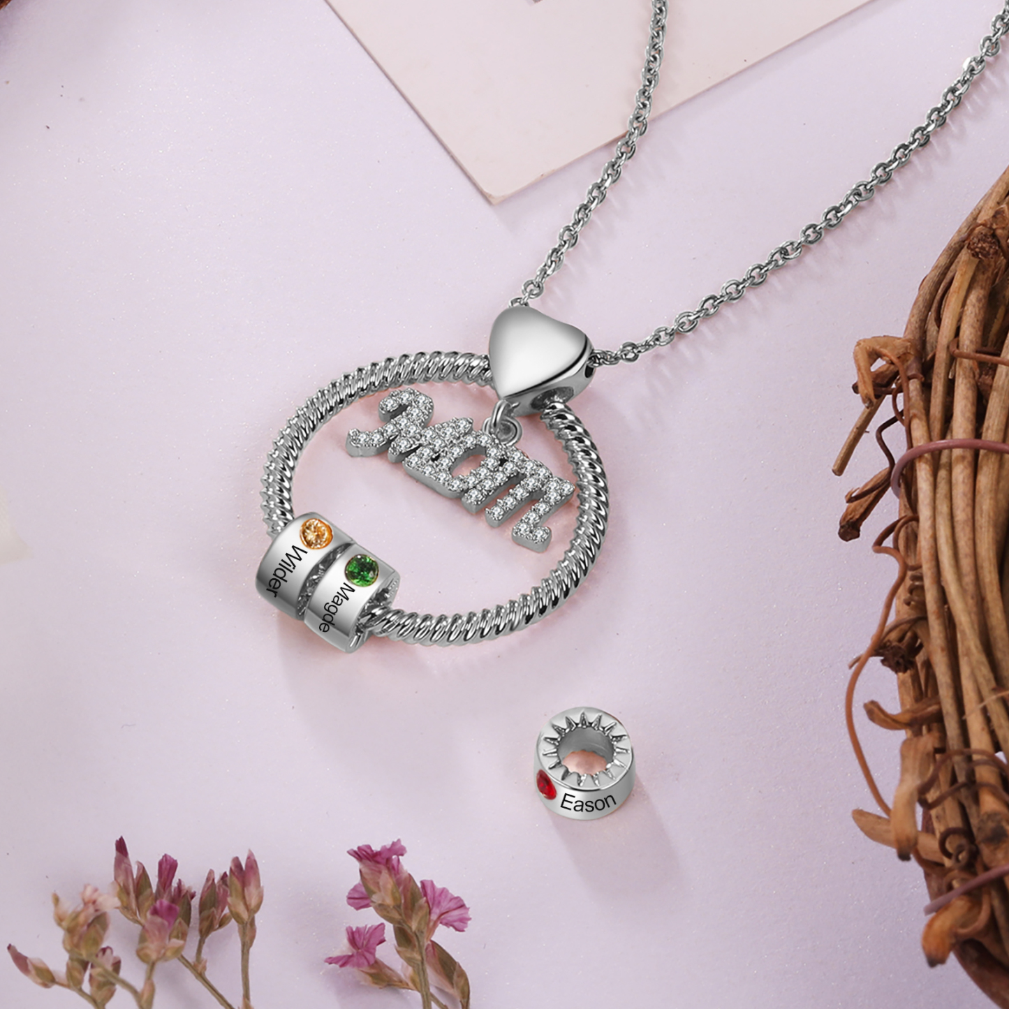 1 Names-Personalized Necklace With 1 Birthstone Engraved Names Gift For Mother