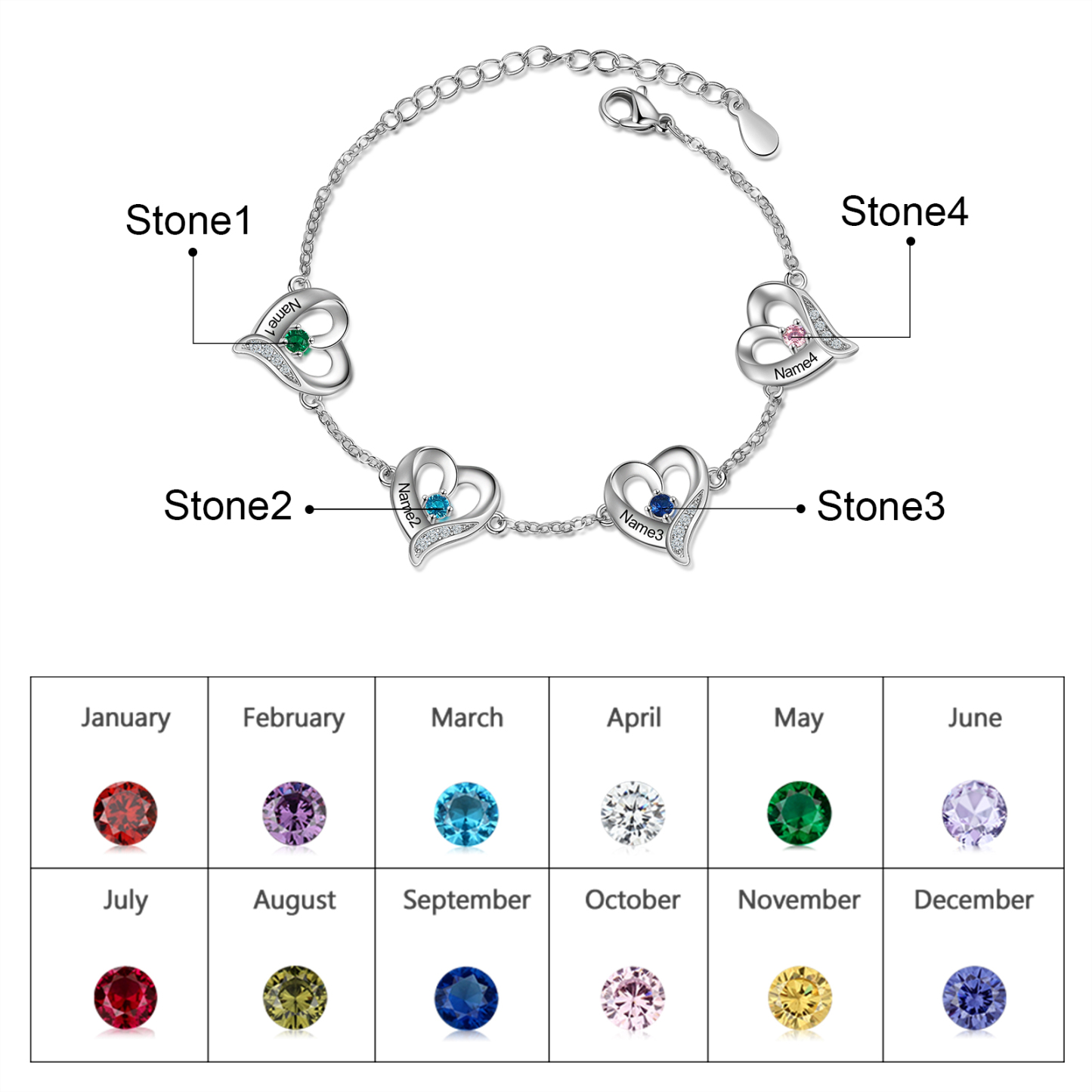 4 Names-Personalized Heart Bracelet With 4 Birthstones Engraved Names Bangle For Her