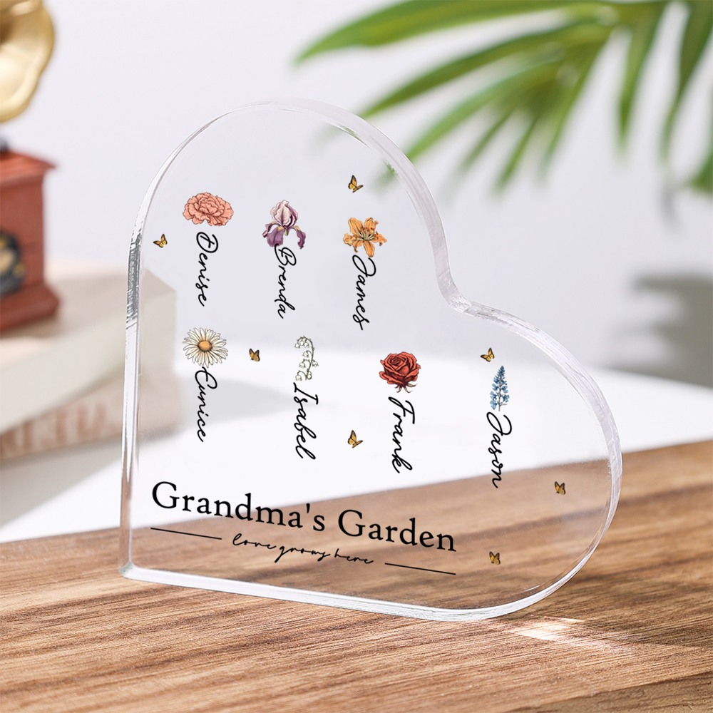 Customized 1-10 Birthflowers Style Acrylic Heart Decoration Brand Plaque Decoration for Grandma