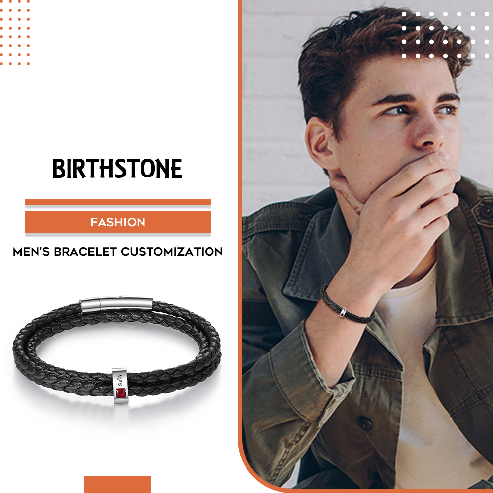 Personalized 3 Layer Leather Bracelet with 1 Bead Engraved Names Men's Bracelets for Him