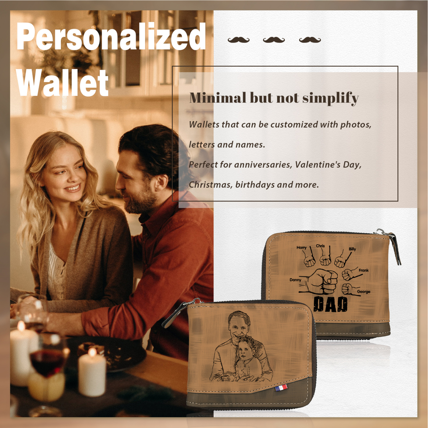 6 Names - Personalized Photo Custom Leather Men's Zipper Wallet as a Father's Day Gift for Dad