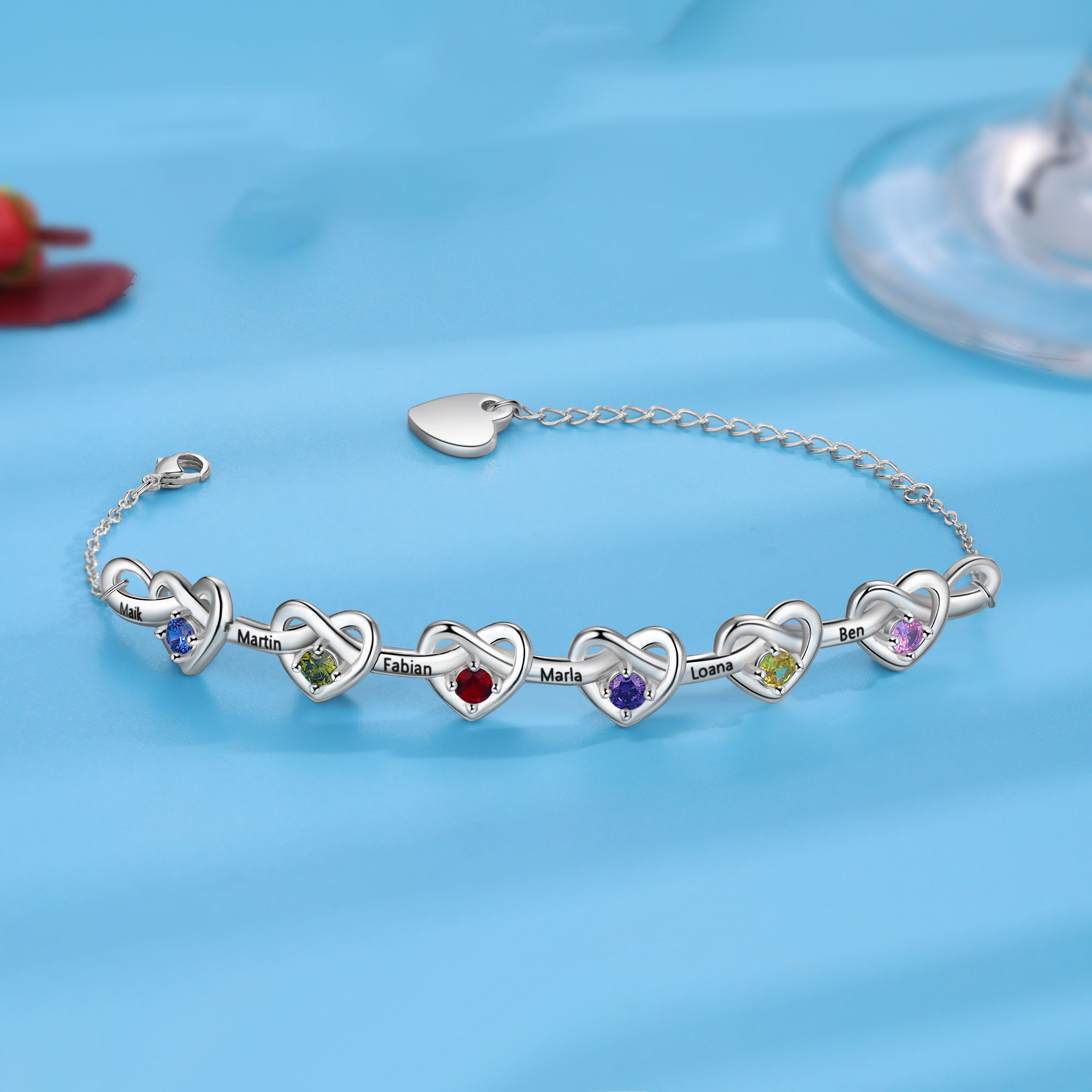 6 Names-Personalized Linked Heart Bracelet With 6 Birthstones Engraved Names And Text Bangle For Her