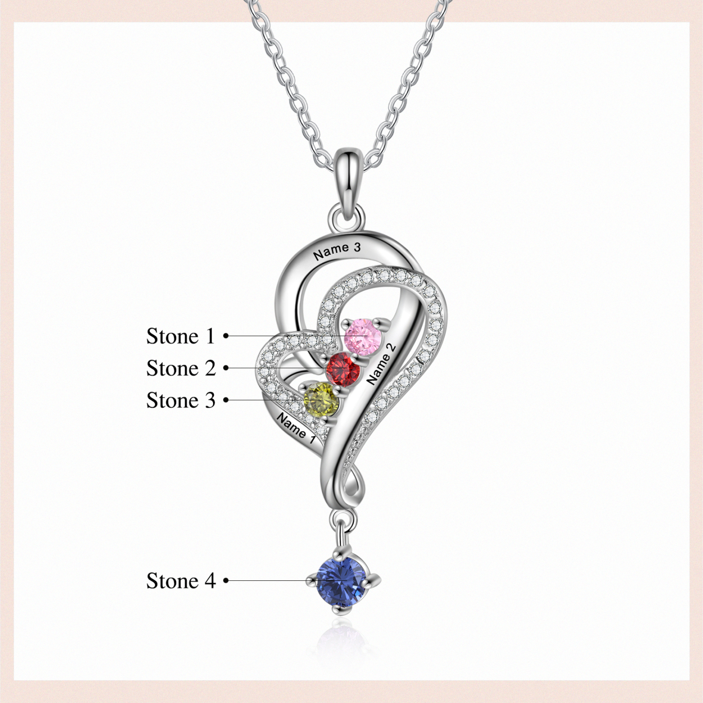 Personalized Overlap Heart Birthstone Necklace Custom 3 Names Necklace Gifts for Her