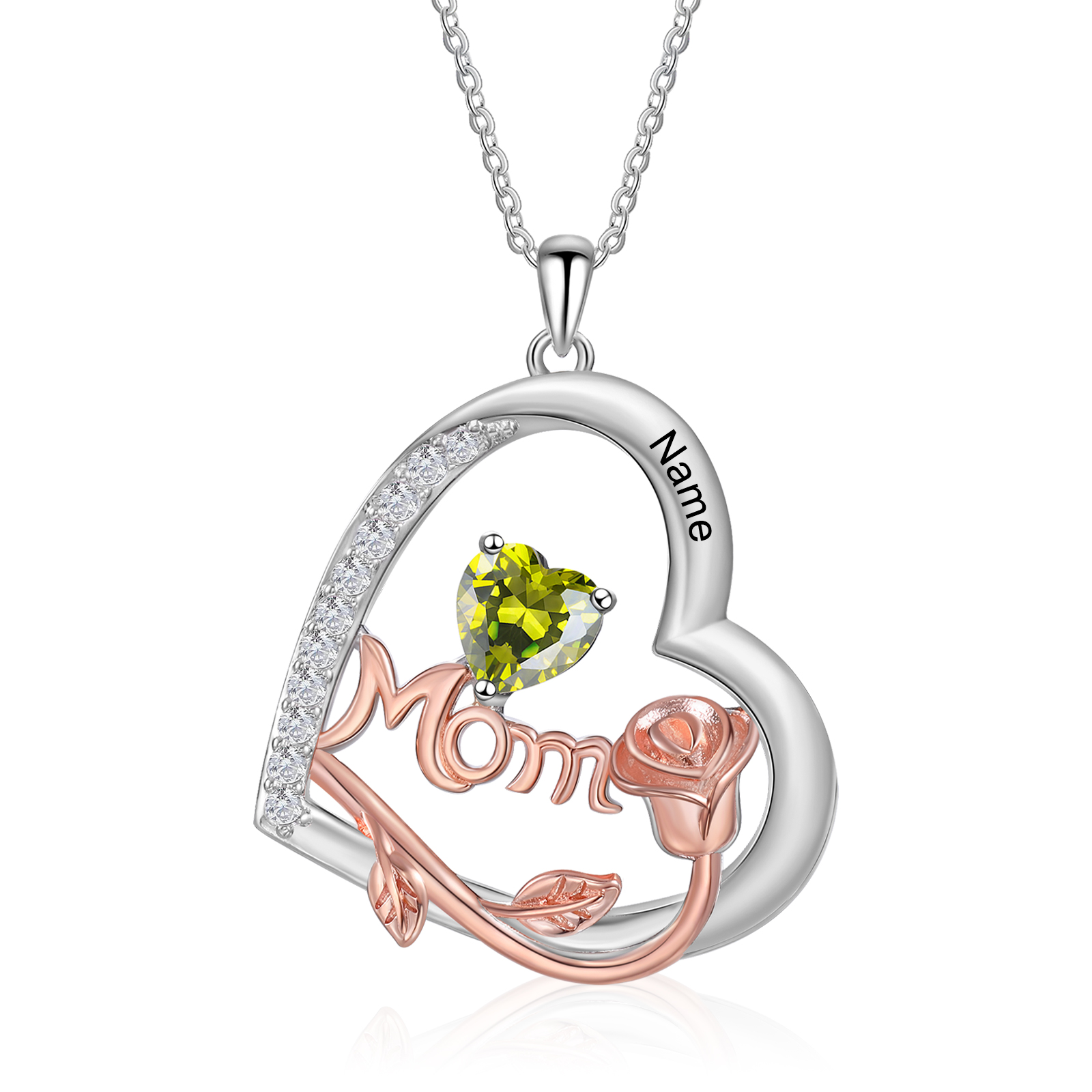 Name - Personalized Silver Heart Necklace with Birthstone and Name as a Mother's Day Gift for Mom