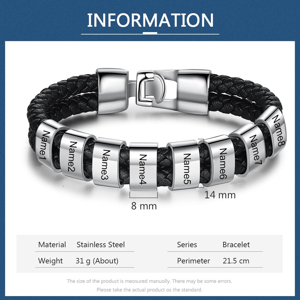 Customized Braided Leather Bracelet Engraved 8 Names Men's Bracelet Gifts For Him