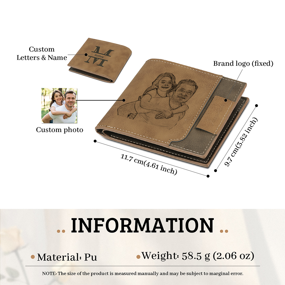 Photo Personalized Leather Men's Wallet Customized Name Letter Folding Wallet Two Colors Available with Gift Box for Dad