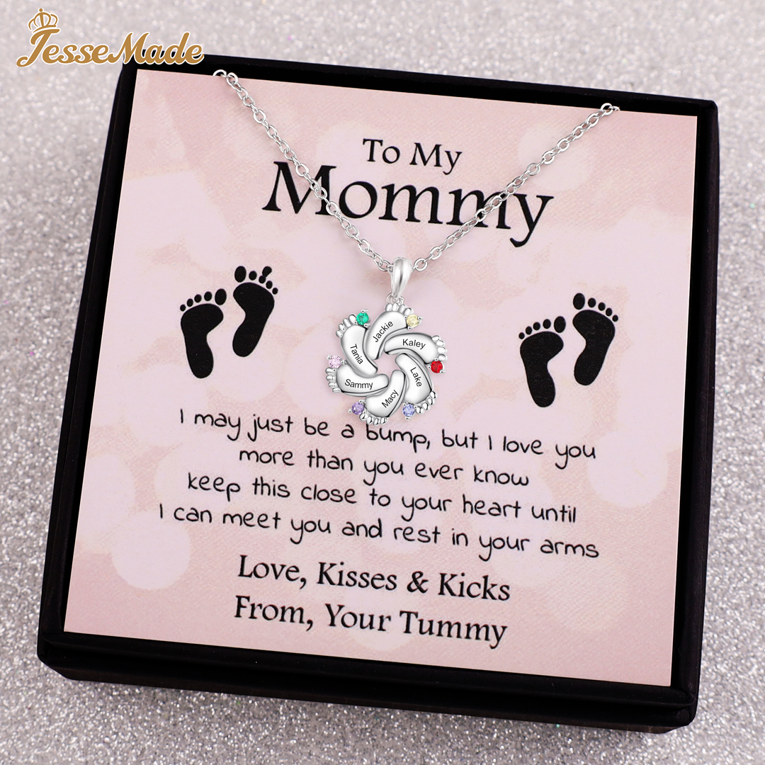 Personalized Baby Feet Keychain With 6 Birthstones Engraved names Keychain Gifts For Mother