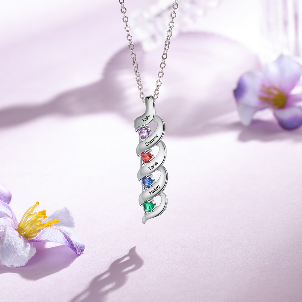 4 Names-Personalized Necklace Cascading Pendant with 4 Birthstones Engraving 4 Names Gifts for Her