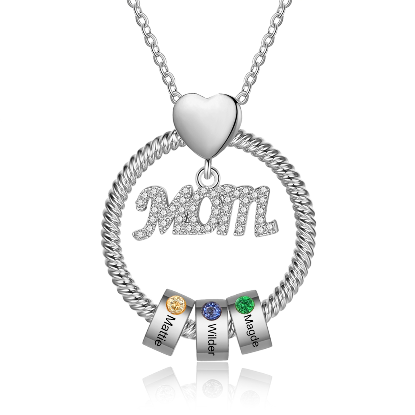 3 Names-Personalized Mom Necklace Set With Premium Rotating Rose Flower Gift Box-Custom Necklace With 3 Birthstones Engraved Names Gift For Mother