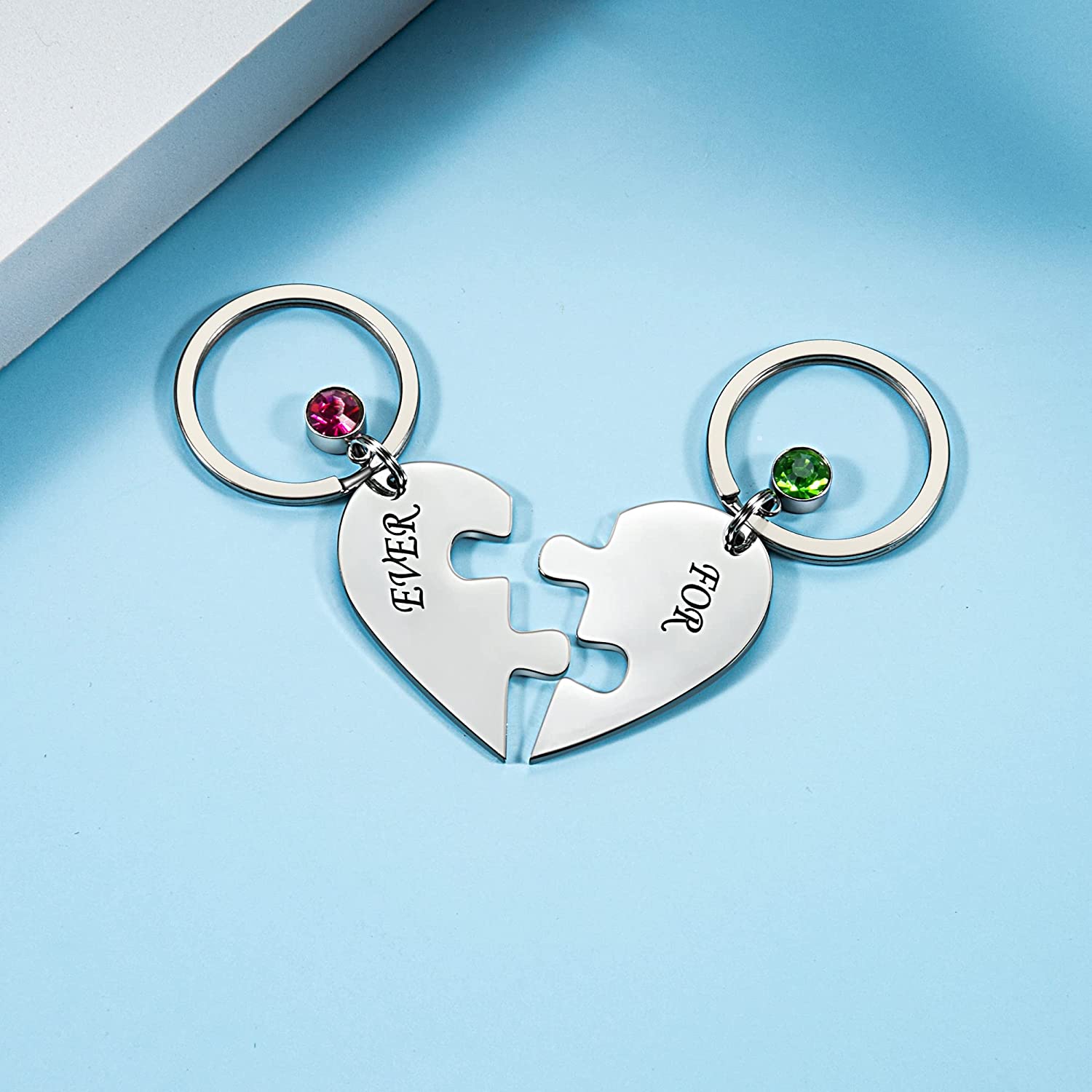 Personalized 2 Names Heart Puzzle Keychain with Birthstones Gifts for Family