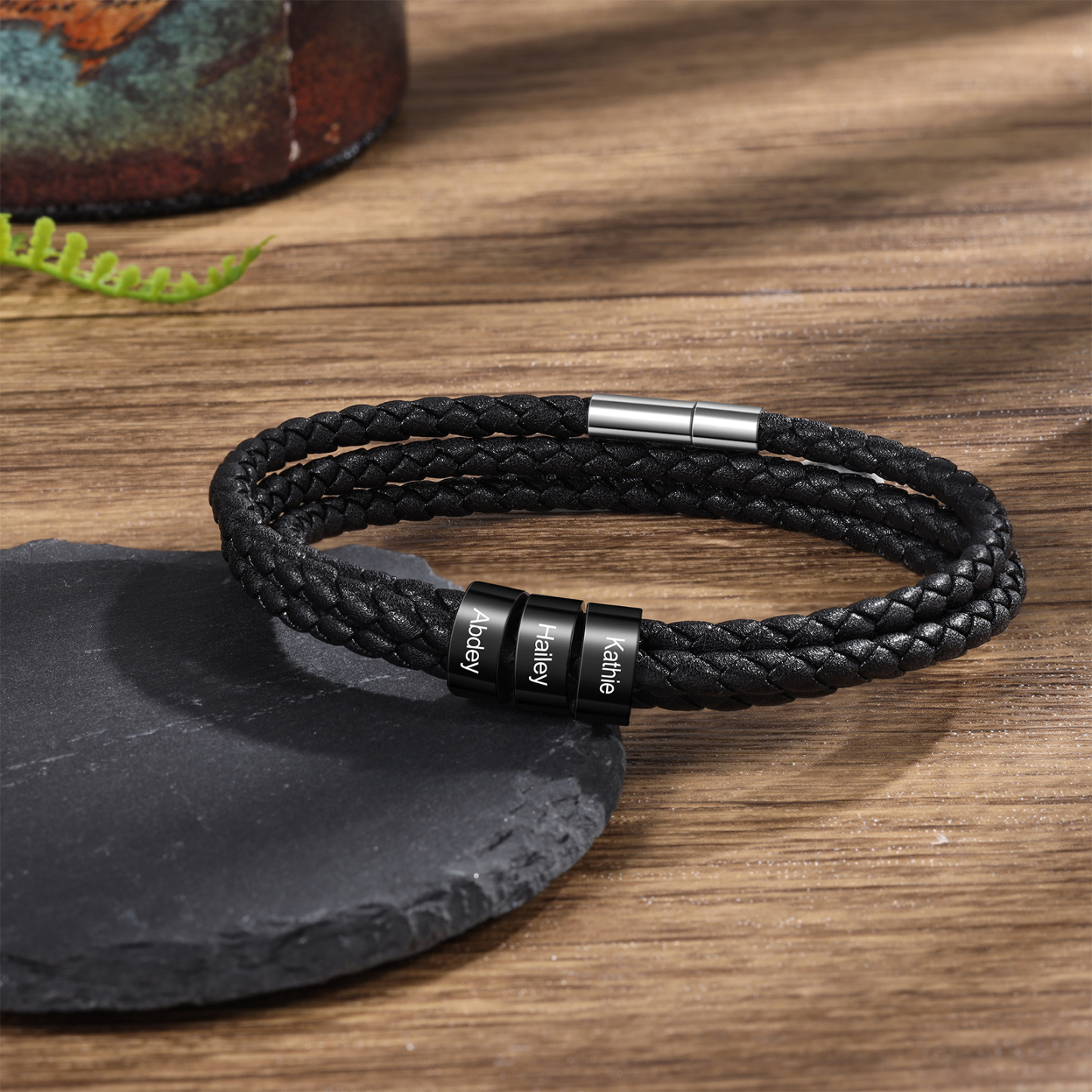 Father's Day Gift Men Braided Leather Bracelets with 3 Beads Bracelet Gifts for Him