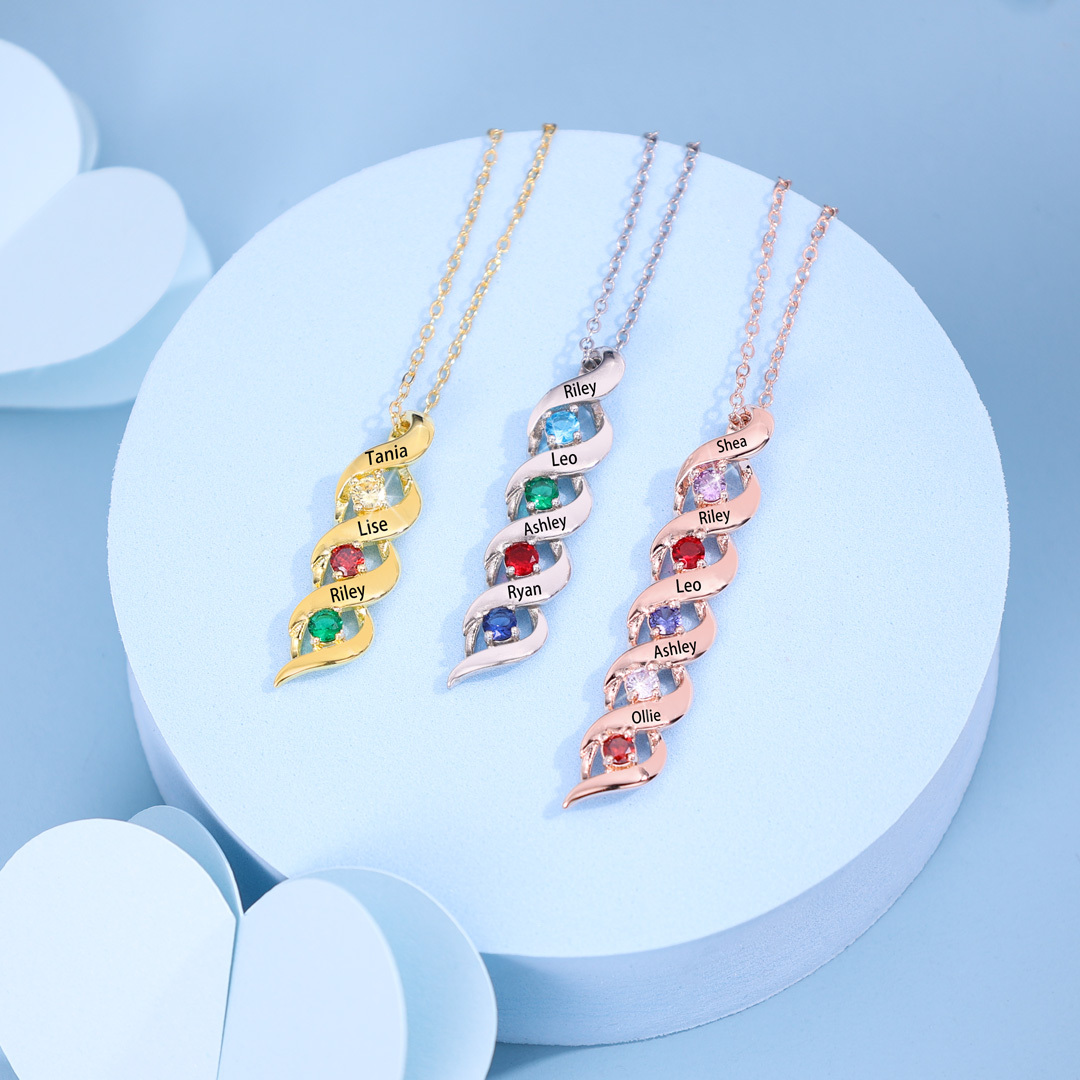 3 Names-Customized Necklace Cascading Pendant with 3 Birthstones Engraving 3 Names Gifts for Her