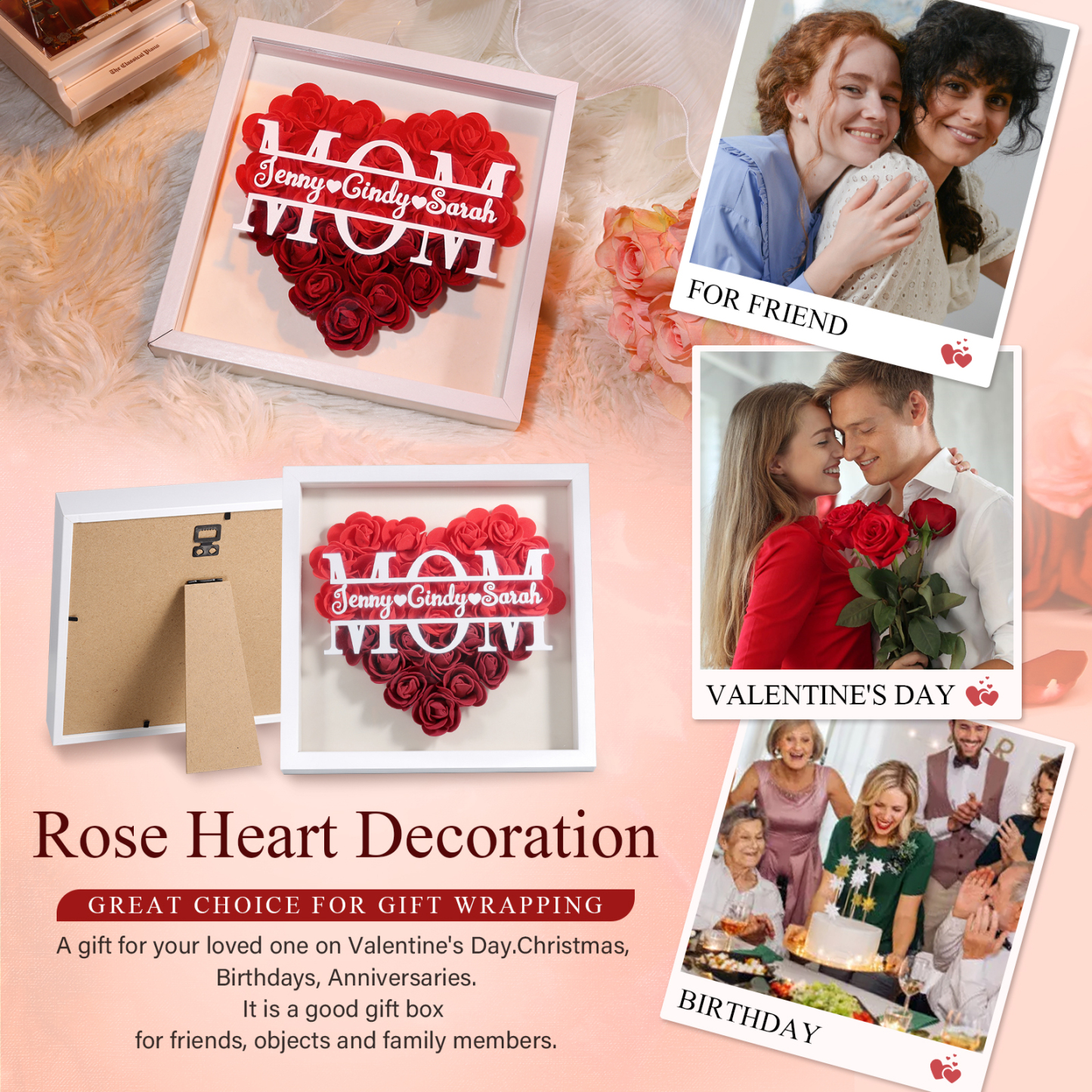 Personalized Name Rose Heart Density Board Frame Custom Text Gift For Mom