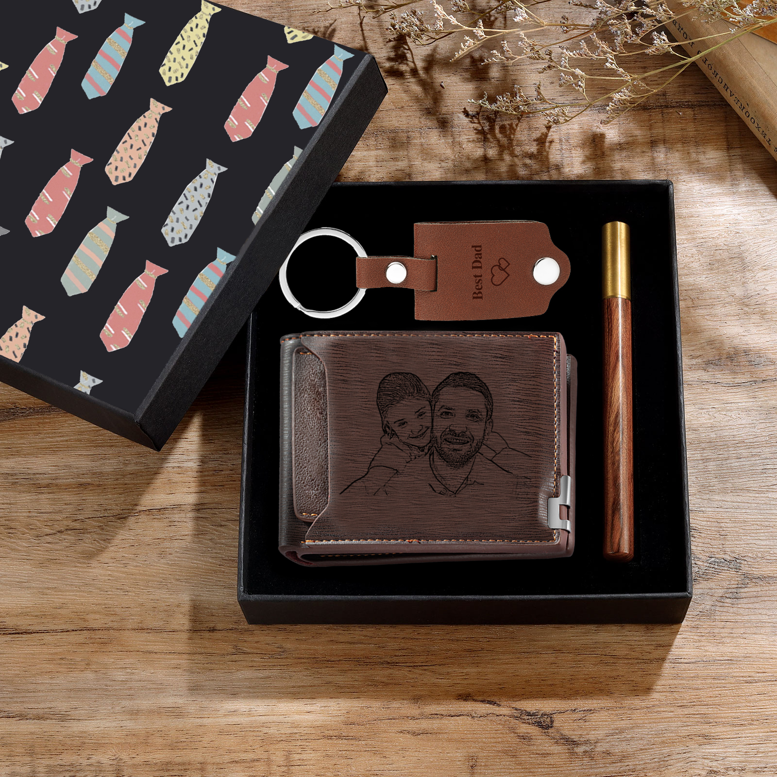 Personalized Leather Wallet Gift Box Set with Keychain Customizable 2 Photo and 3 Text Wallet Gift for Him
