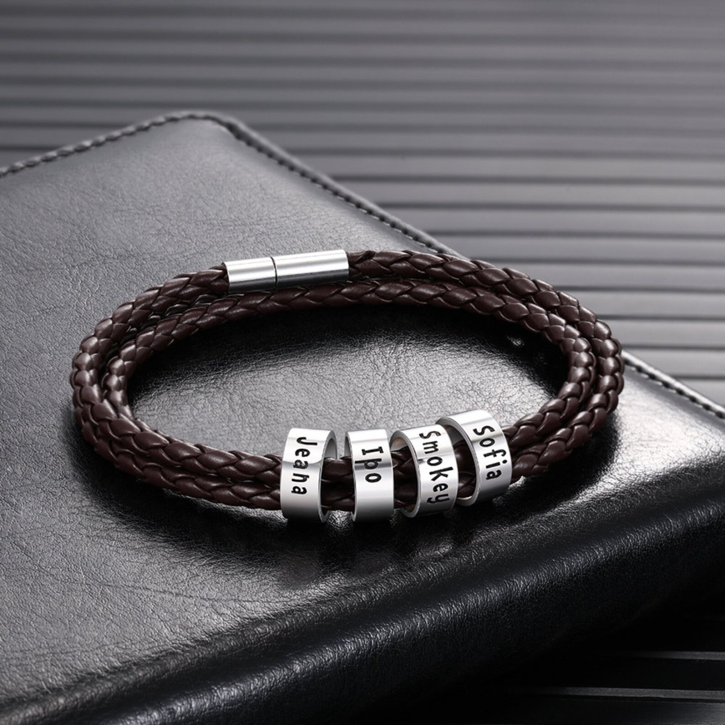 Mens Leather Braided Bracelet With 4 Custom Beads Engarved 4 Names Personalized Bracelet Black