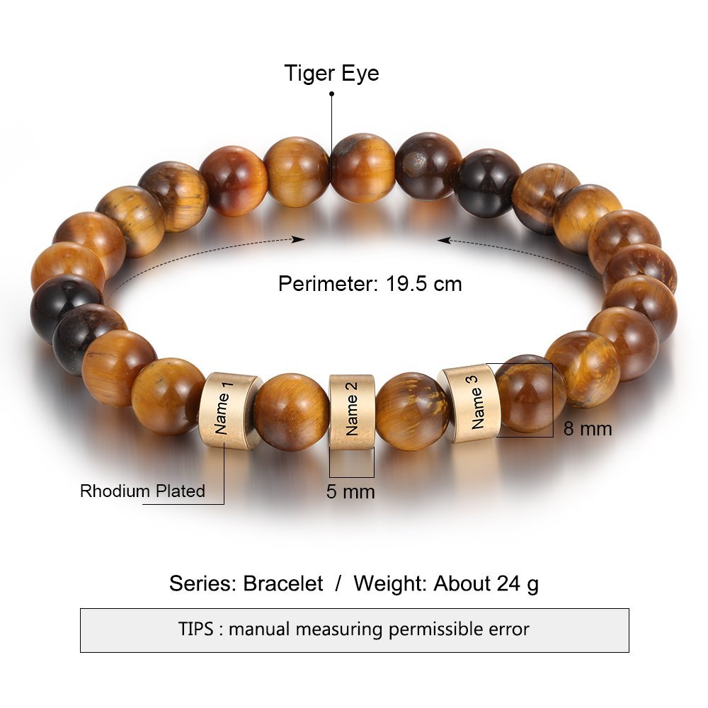 Brown Tiger Eye Men's 3 Name Bracelet Gift For Him