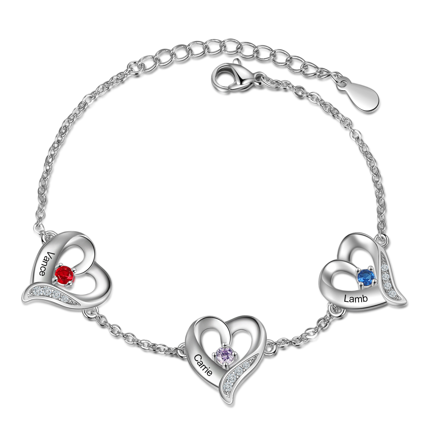 3 Names-Personalized Heart Bracelet With 3 Birthstones Engraved Names Bangle For Her