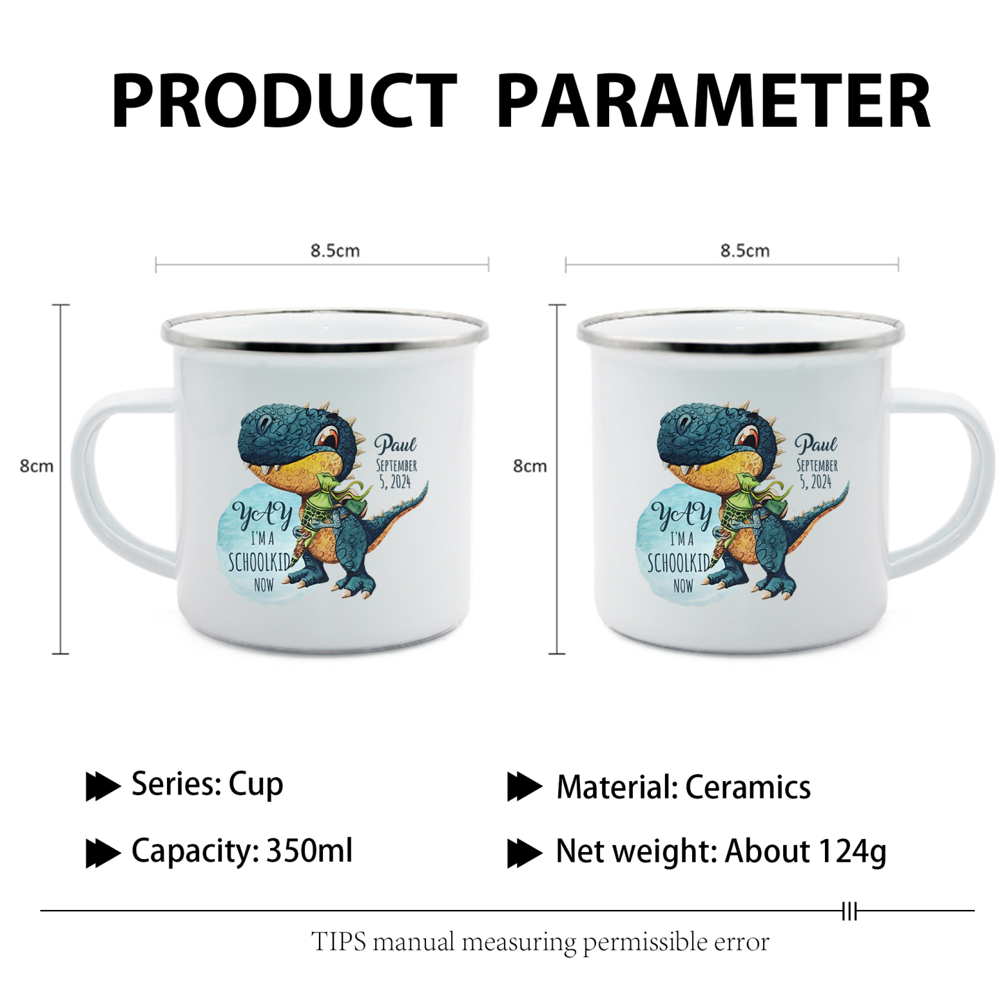 Back to School Gift Set -Personalized Gift Customized Name and Date Enamel Mug and Pueple Dinosaur Pencil Case and Dinosaur Bracelet Set - Gift for Kids