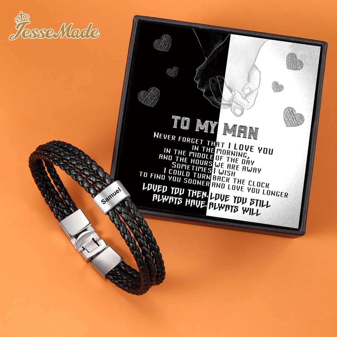 Personalized Braided Leather Bracelet Engraved 1 Name Men's Bracelet Gifts For Him