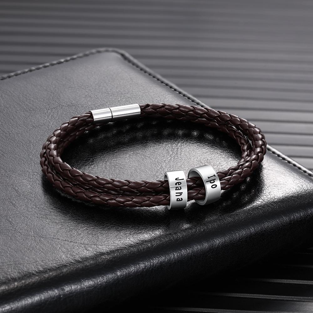Leather Braided Bracelet Men Bracelets Personalized 2 Names 2 Beads Gift For Dad
