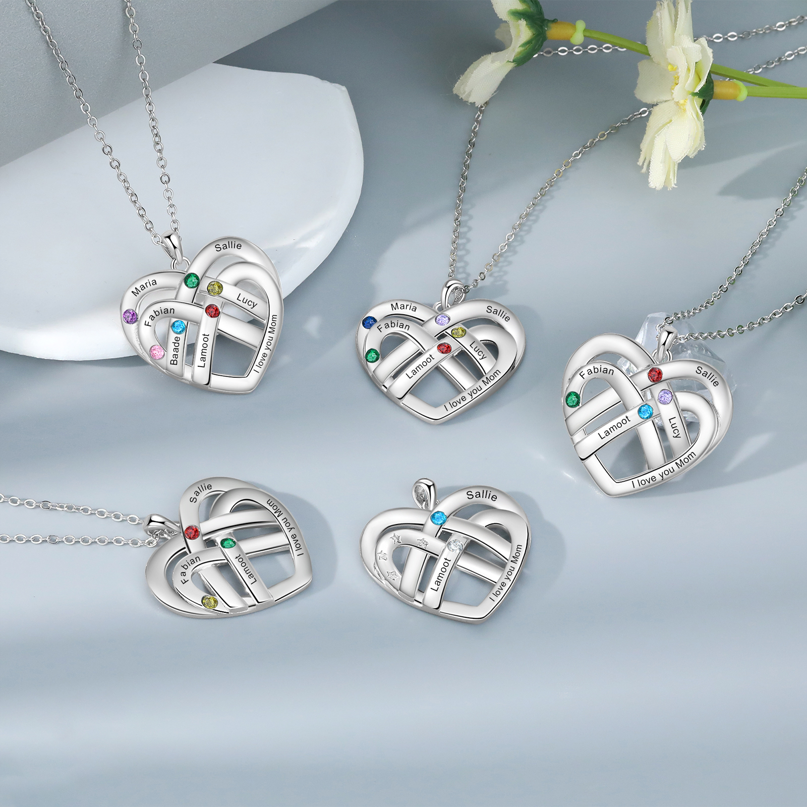 6 Names - Personalized Double Layer Heart Necklace with Custom Name and Birthstone, As a Mother's Day Gift for Mom