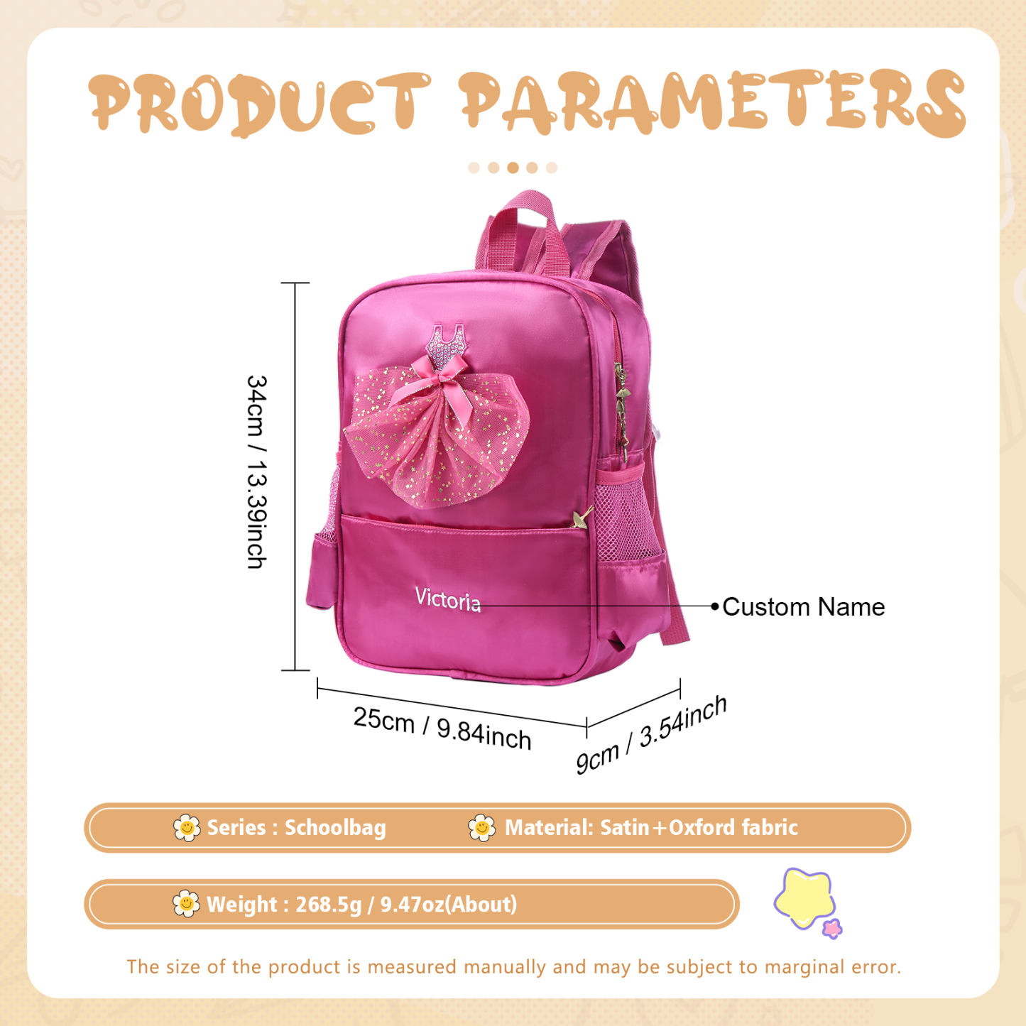 Personalized Name Band Princess Dress Accessories Satin Children Backpack Back To School Gift