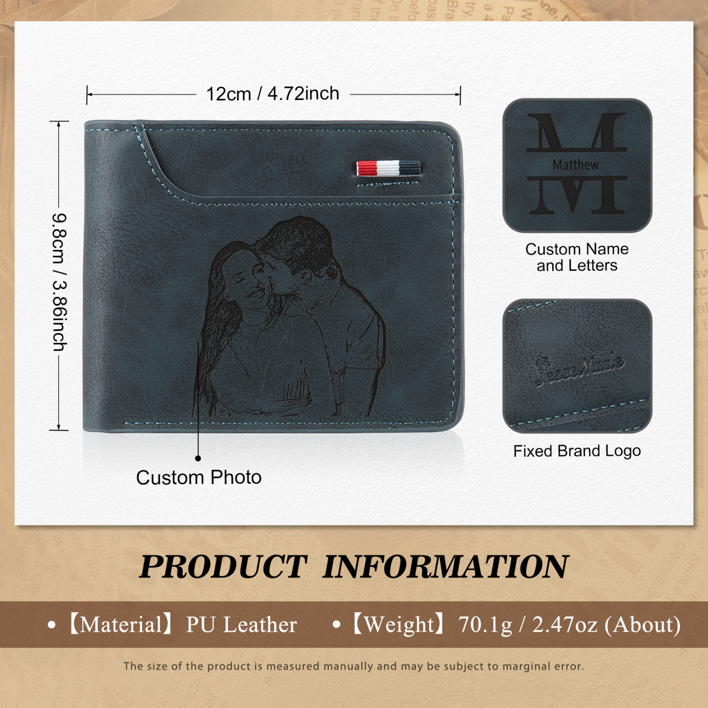 Personalized 2 Texts & 2 Photos & 1 Name & 1 Letter Gift Set Custom Wallet & Keychain & Pen Gift Box Set Gift for Dad/Grandpa | Jessemade