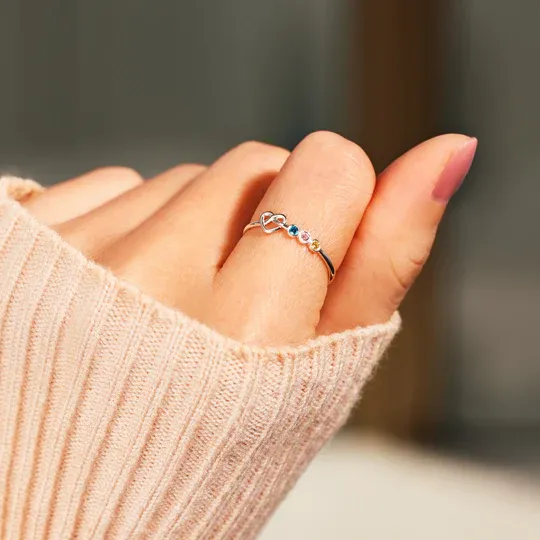 Family Ring Personalized 3 Birthstones Heart Knot Ring Band