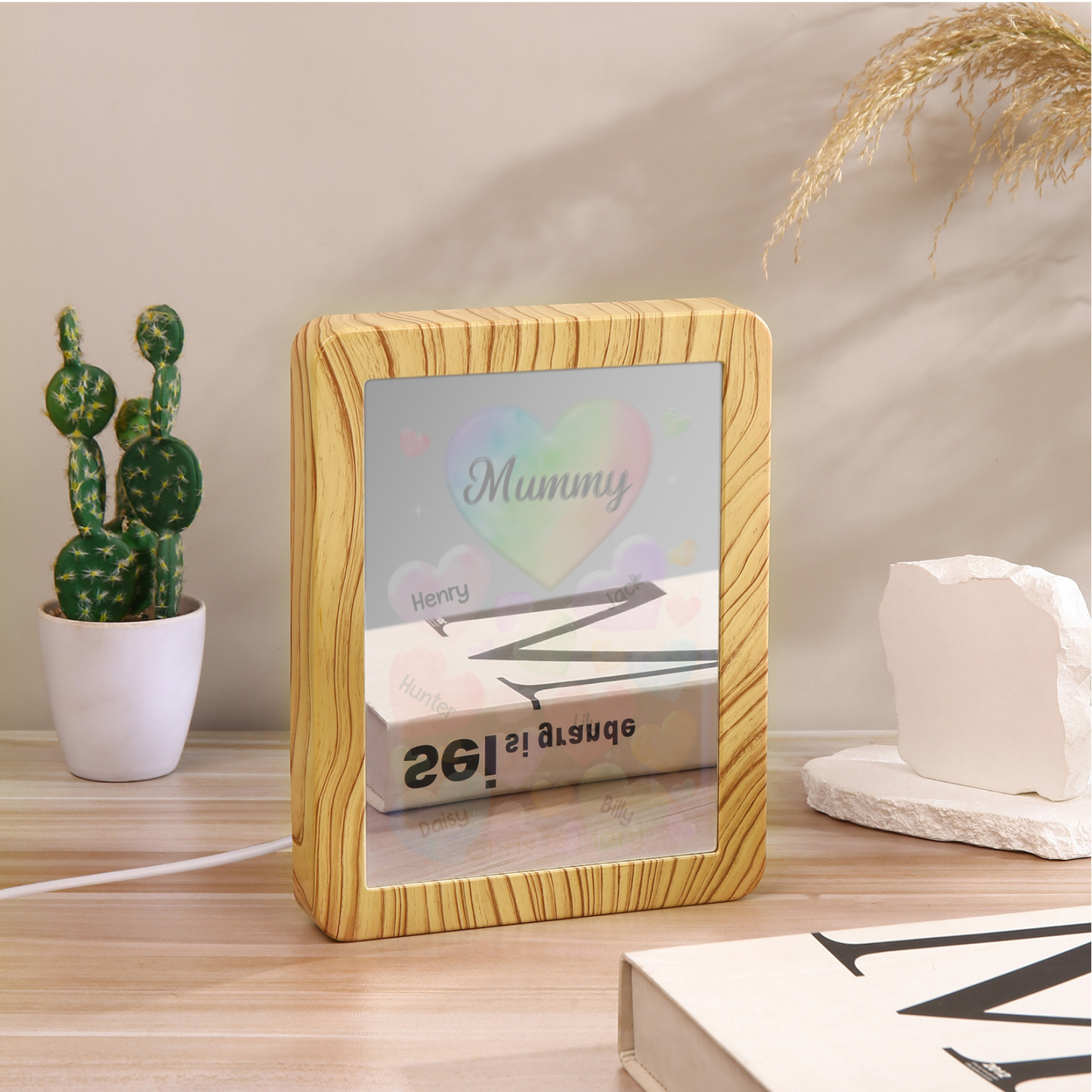 6 Names - Personalized Mom Home Wood Color Plug-in Mirror Photo Frame Custom Text LED Night Light Gift for Mom