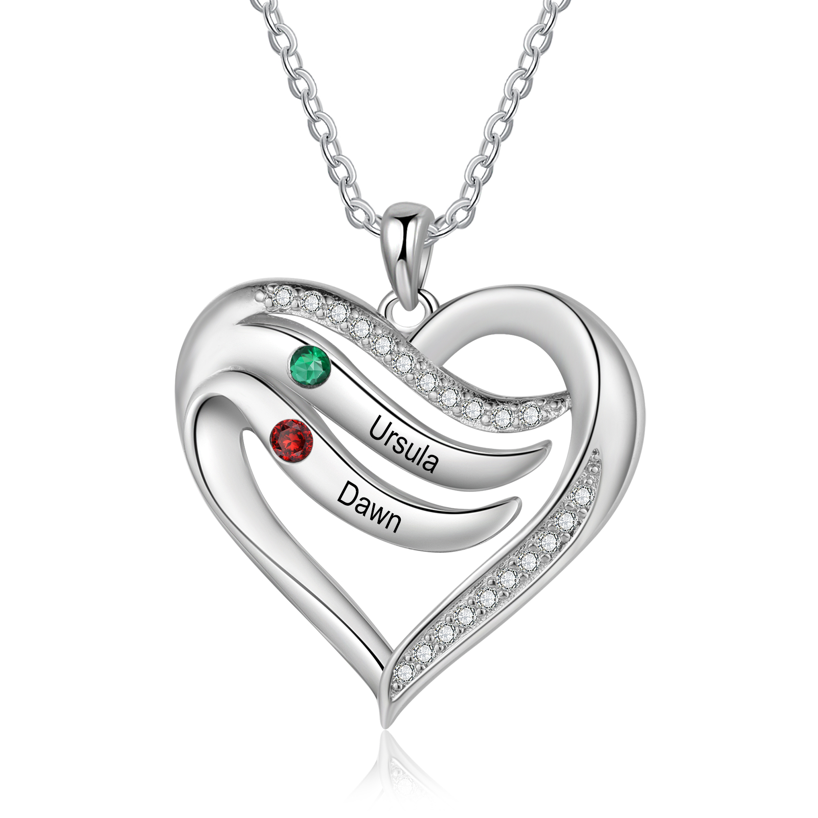 2 Names - Personalized Heart Necklace in Silver with Birthstone and Name Beautiful Gift for Her