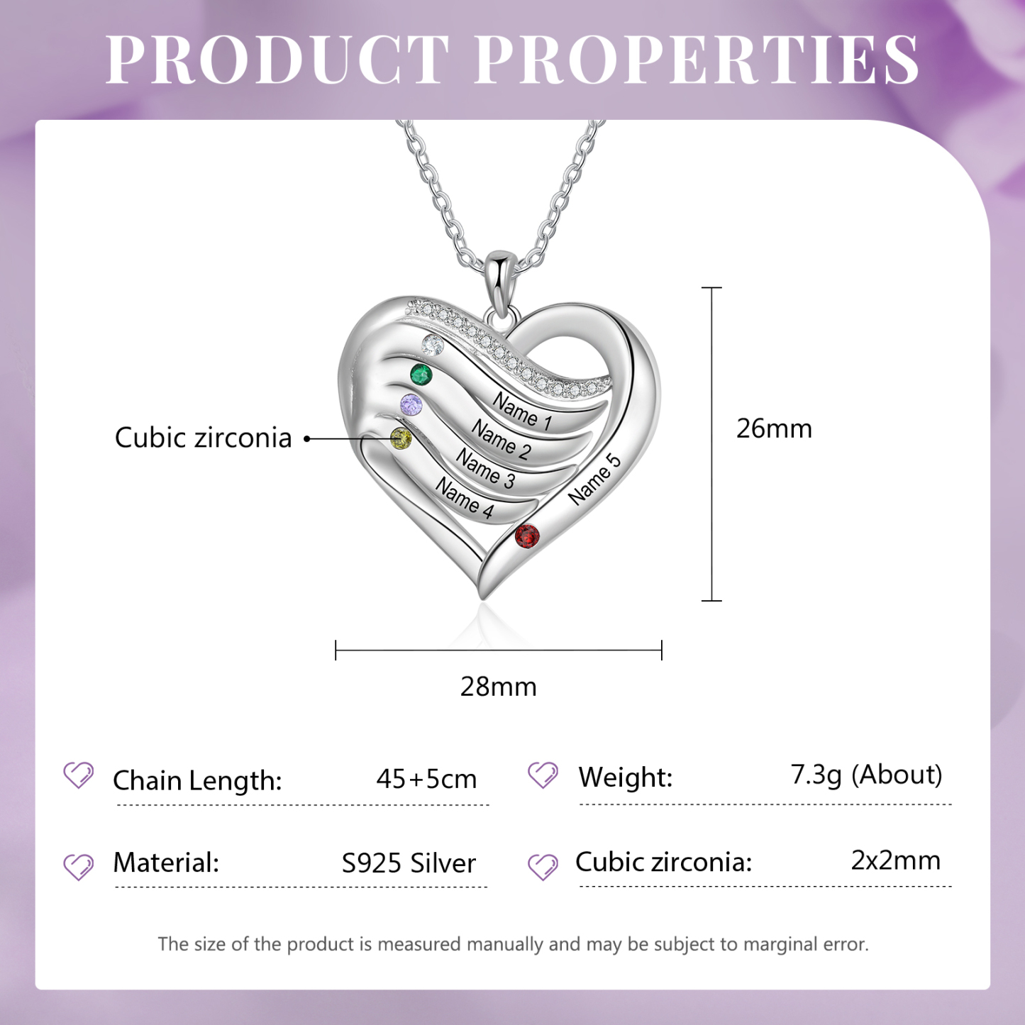 5 Names - Personalized S925 Silver Heart Necklace with Birthstone and Name, Beautiful Gift for Her