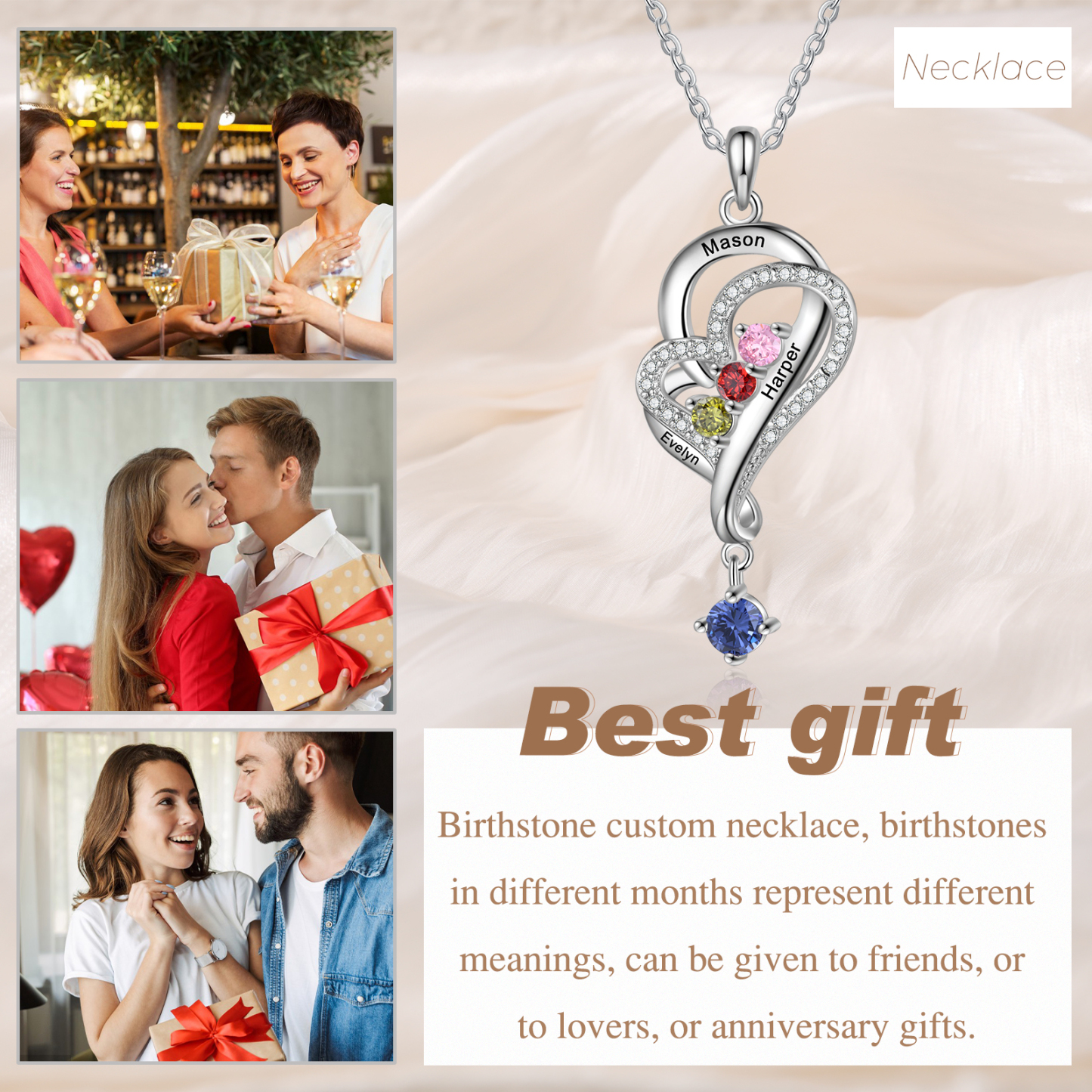 Personalized Overlap Heart Birthstone Necklace Custom 3 Names Necklace Gifts for Her