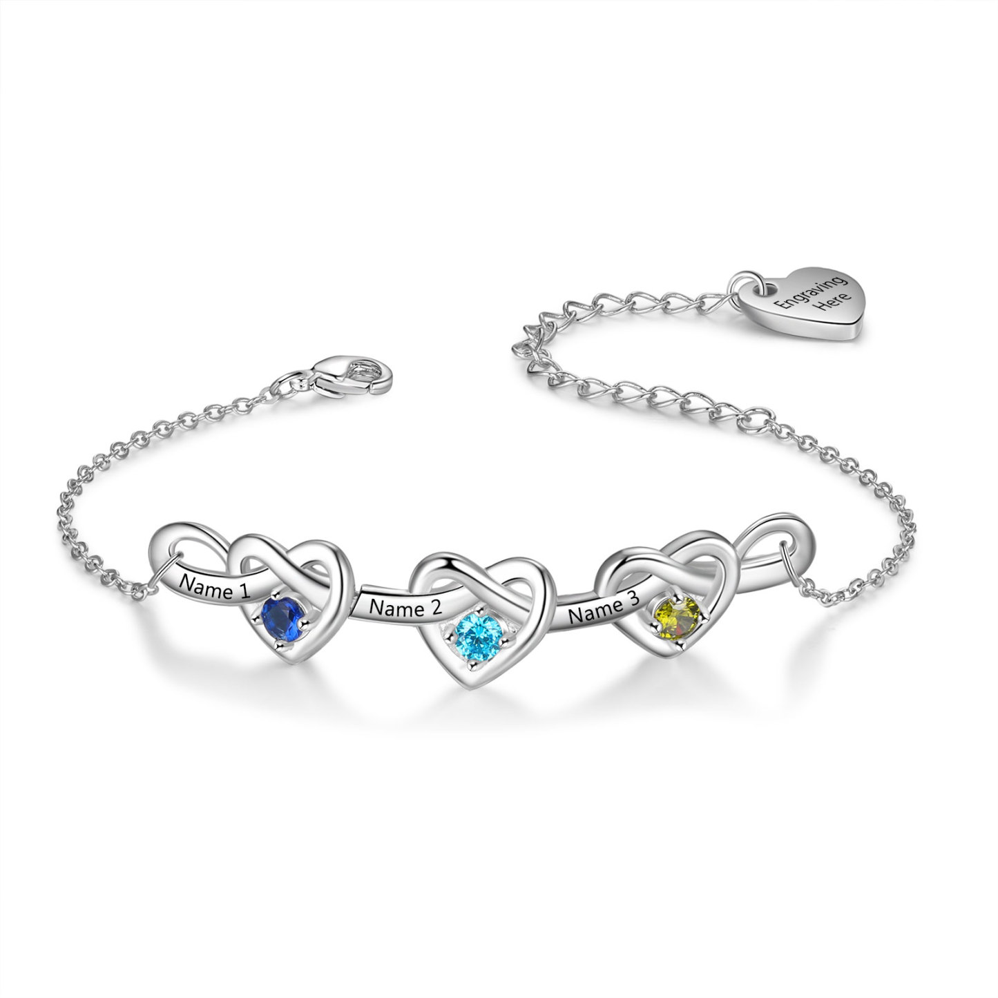 3 Names-Personalized Linked Heart Bracelet With 3 Birthstones Engraved Names And Text Bangle For Her