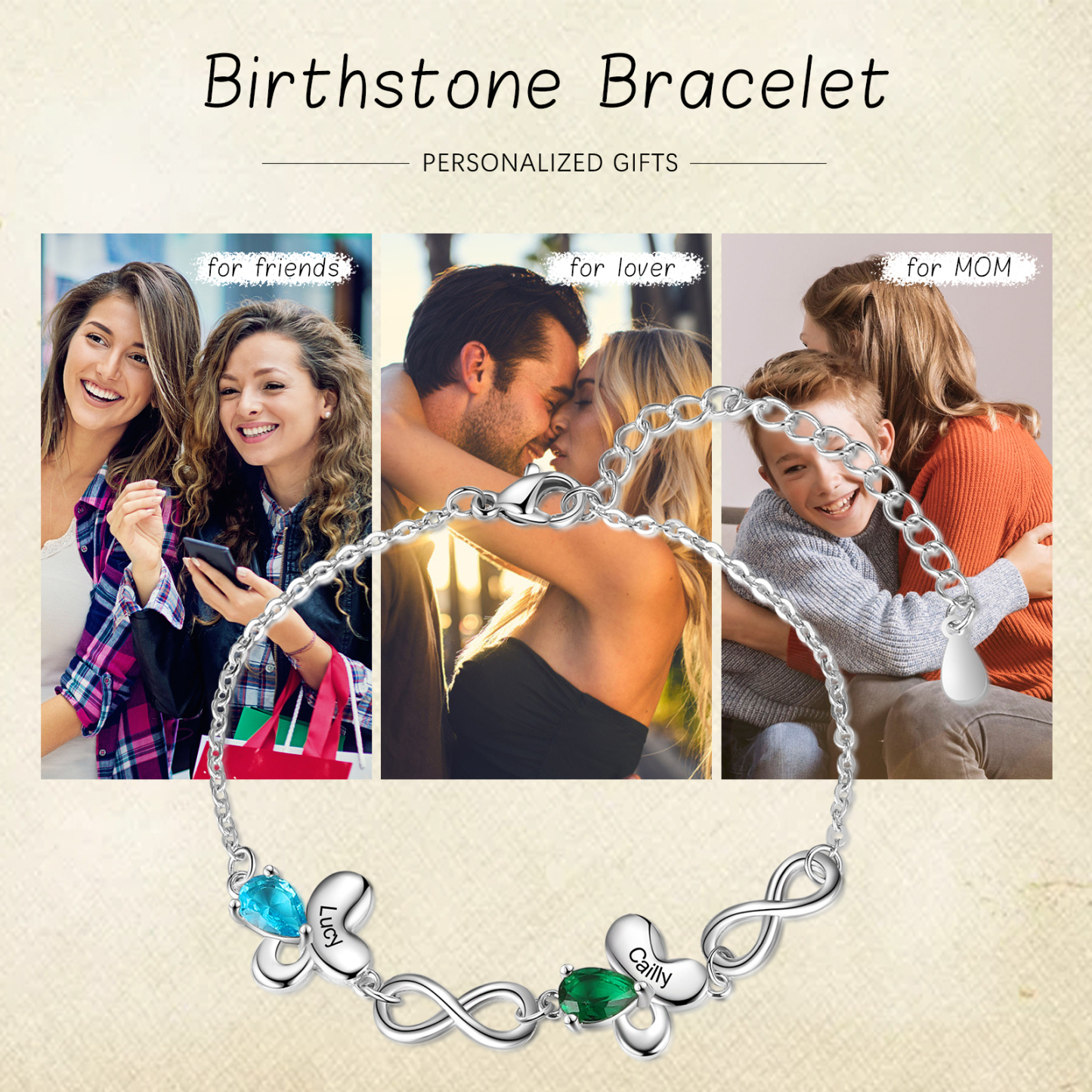 Personalized Butterfly Bracelet With 2 Birthstones Custom Names Bracelet Gift For Women