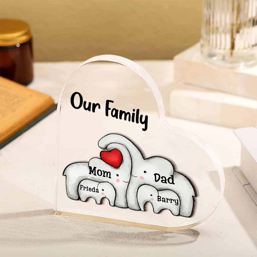 Customized 2-7  Names,Elephant Family Style Acrylic Heart Decoration Brand Plaque Decoration for Our Family