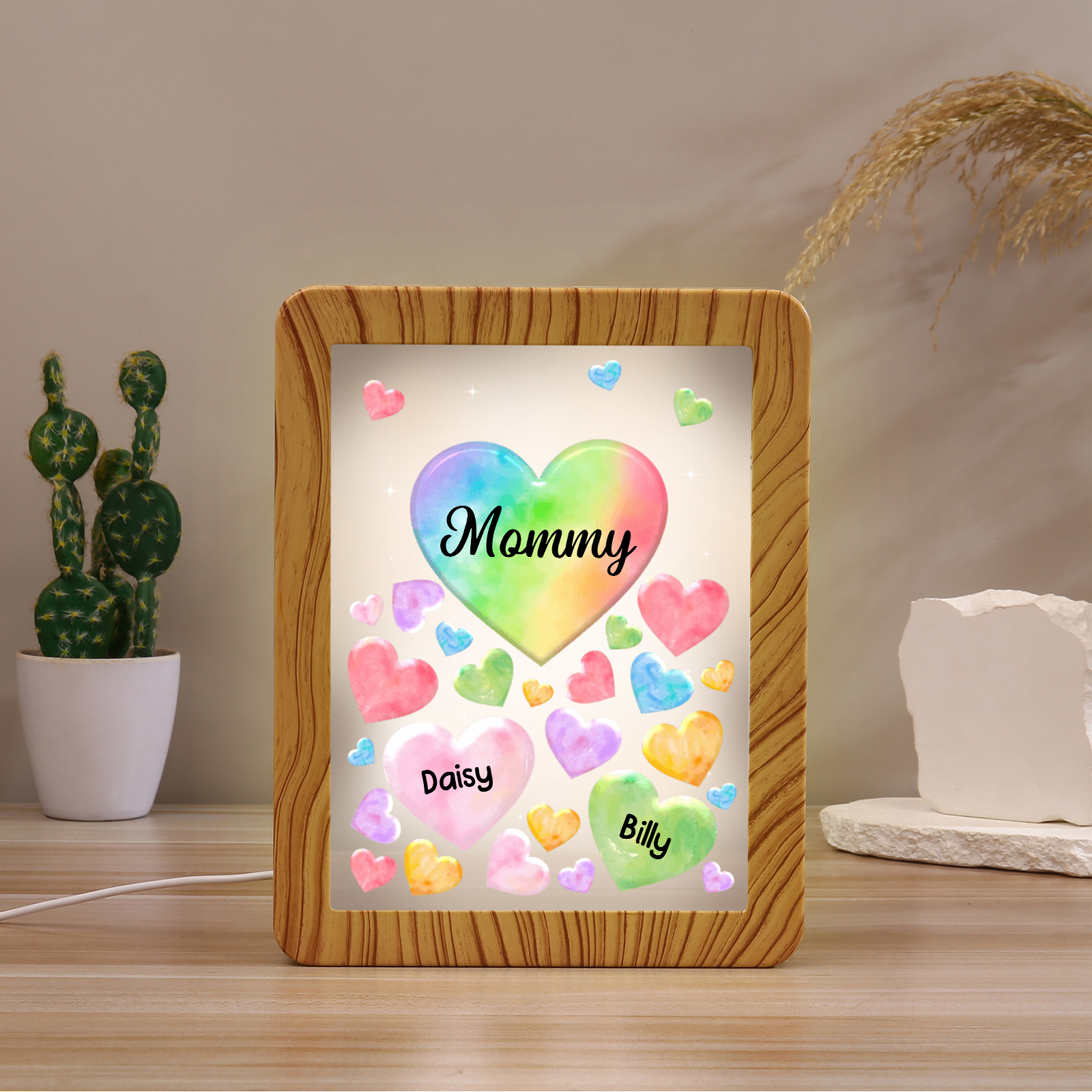 2 Name - Personalized Mum Home Wood Color Plug-in Mirror Photo Frame Custom Text LED Night Light Gift for Mum