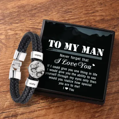 Personalized Photo Bracelet with 2 Names Leather Bracelet Beaded Wrap