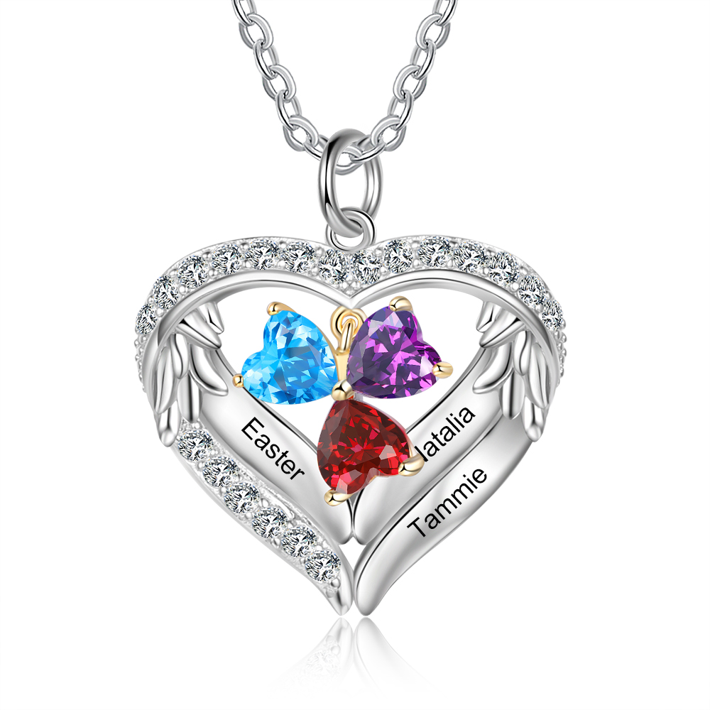 925 Sterling Silver 3 Birthstones heart Necklace