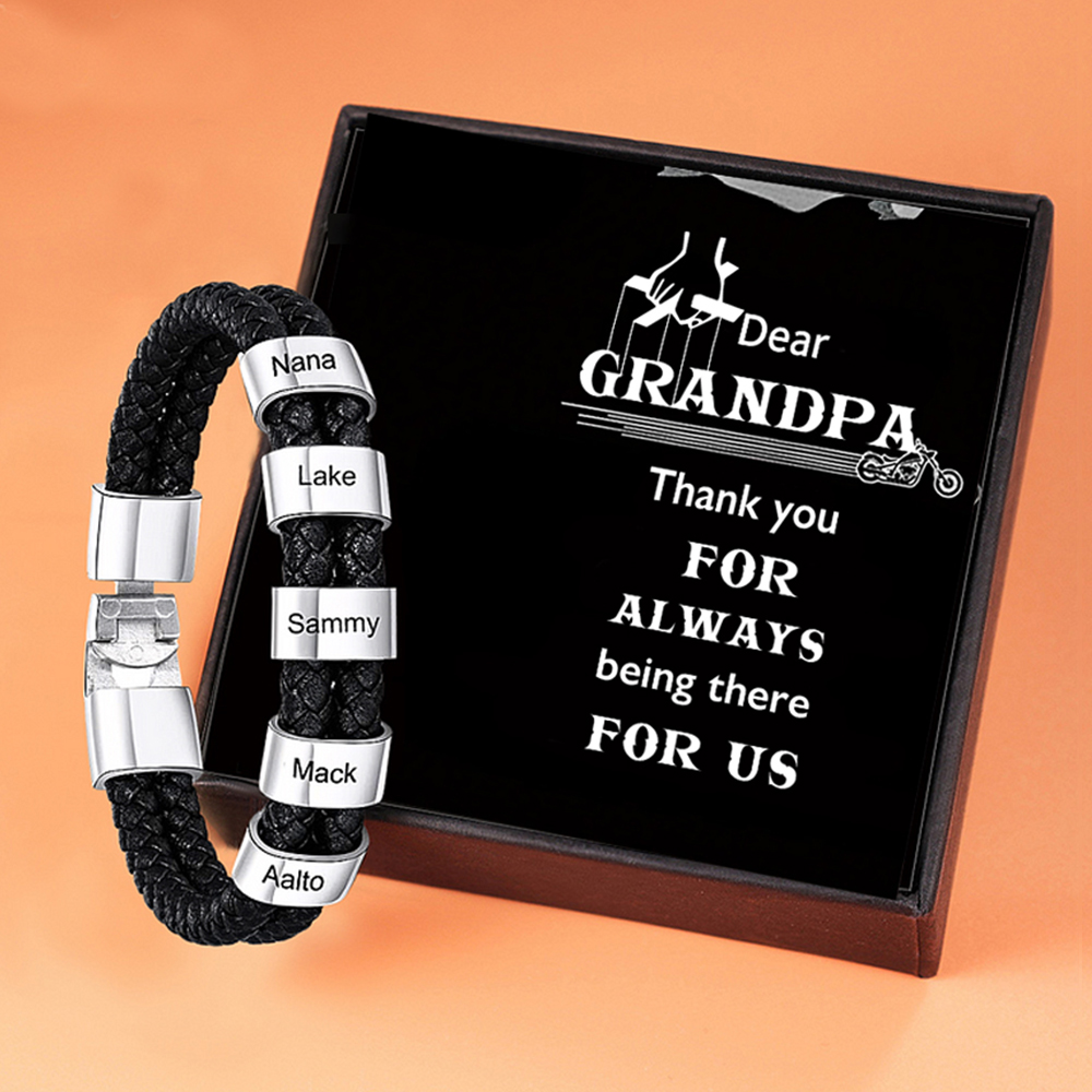 5 Names-Personalized Grandpa Braided Leather Bracelet Card Set, Custom Bracelet Engraved 5 Names Bracelet for Grandpa