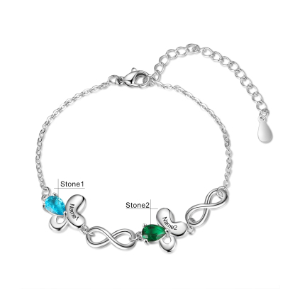 Personalized Butterfly Bracelet With 2 Birthstones Custom Names Bracelet Gift For Women