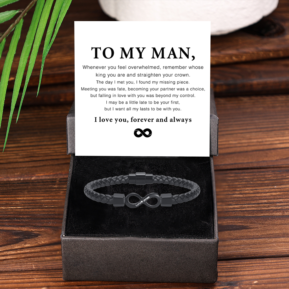 Personalized To My Man Infinity Leather Bracelet Gift Set, Custom Name Men's Bracelet Gifts For Him
