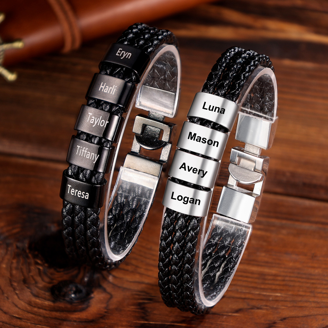 Personalized Braided Leather Bracelet Engraved 2 Names Men's Bracelet Gifts For Him