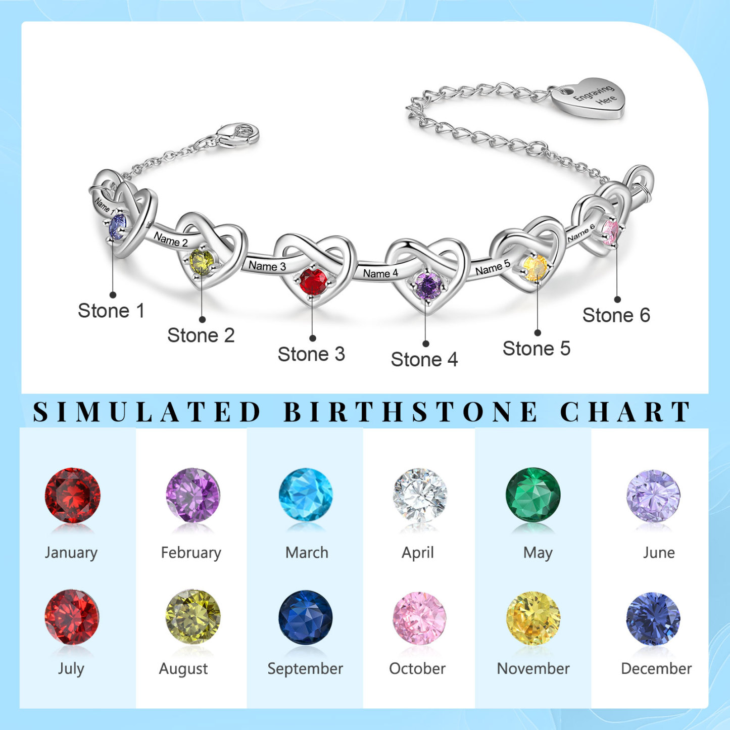 6 Names-Personalized Linked Heart Bracelet With 6 Birthstones Engraved Names And Text Bangle For Her