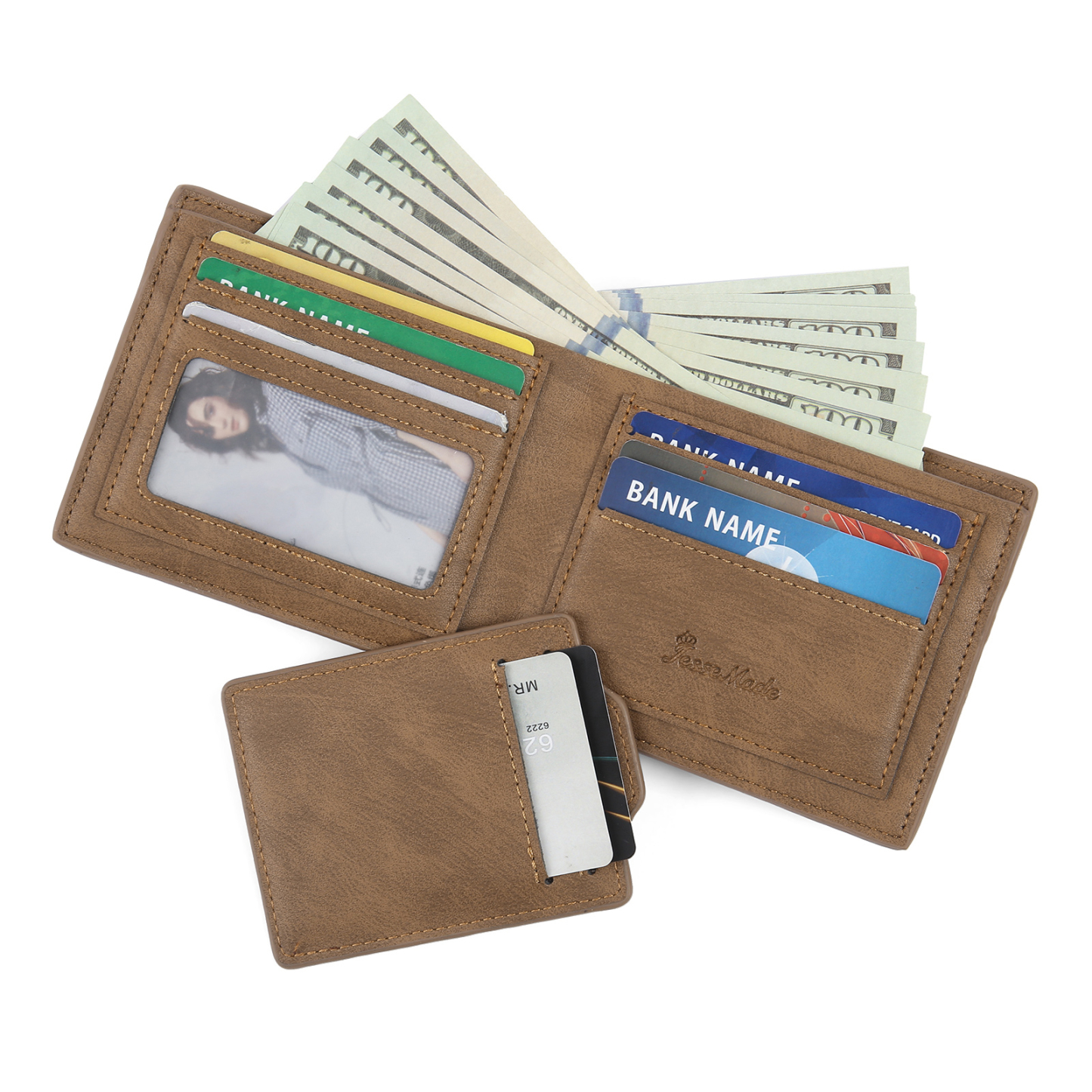 5-Names Personalized Leather Men's wallet With Card Slot Engraved With Name And Photo For Papa As a Father's Day Unique Gift