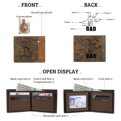 4 Names - Personalized Photo Custom Leather Men's Folding Wallet as a Father's Day Gift for Dad