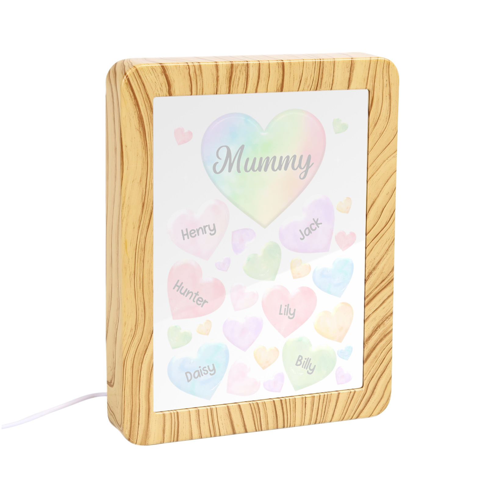 6 Names - Personalized Mom Home Wood Color Plug-in Mirror Photo Frame Custom Text LED Night Light Gift for Mom
