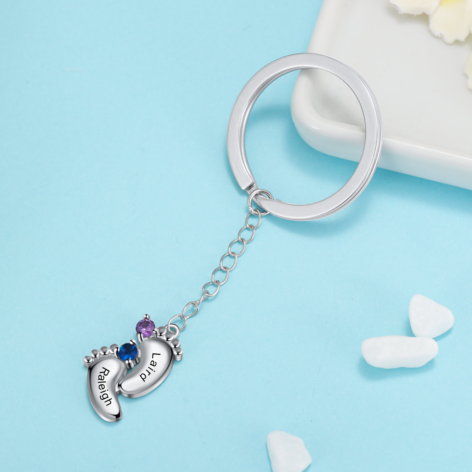 Personalized Baby Feet Keychain With 2 Birthstones Engraved names Keychain Gifts For Mother